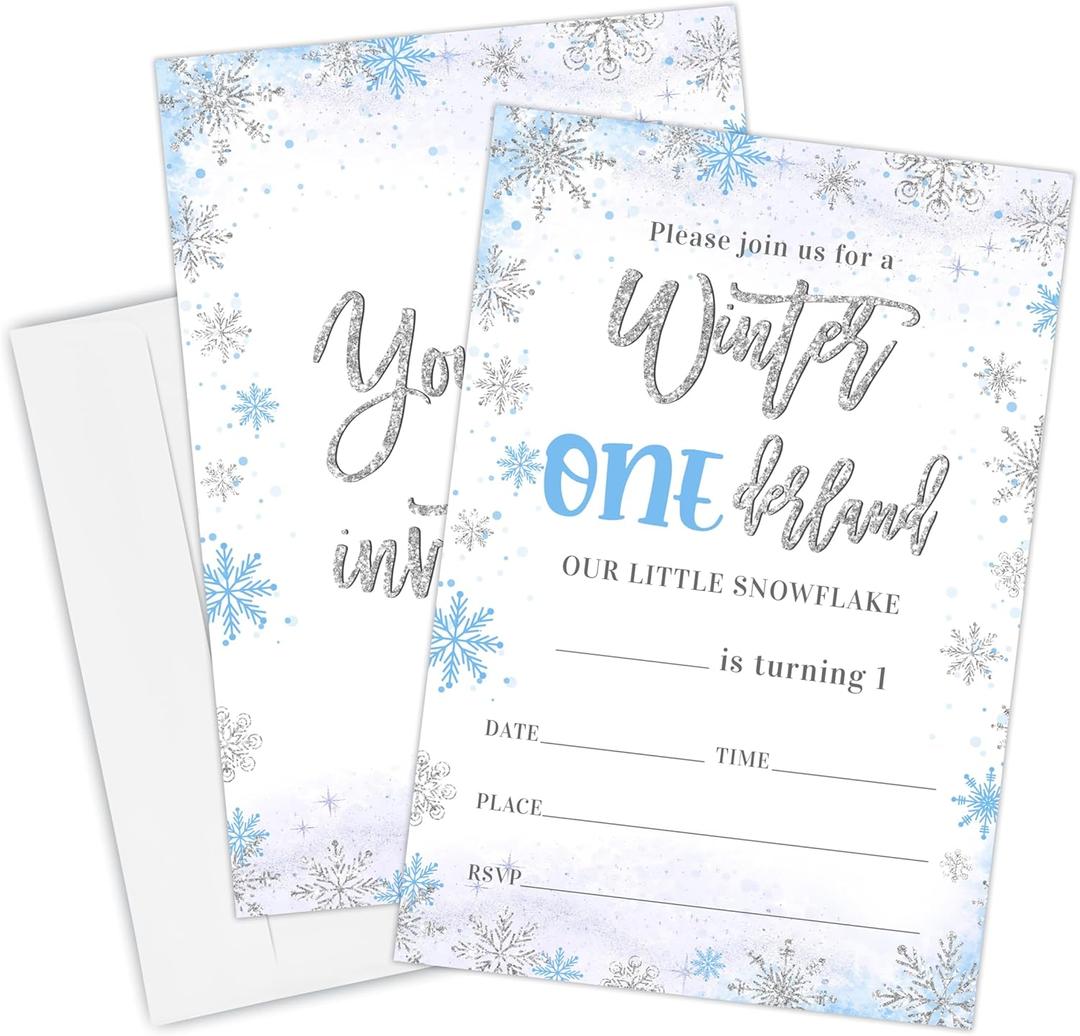 20 Winter Onederland Birthday Invitation Card With Envelopes,4" x 6" Double-sided Fill In Invites For Boys, Girls, Birthday Party Invitation Cards Supplies(Blue) - A01