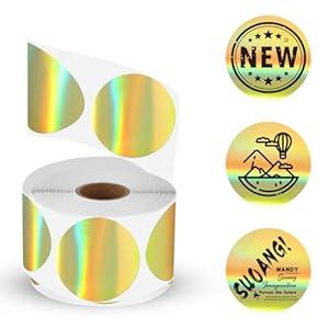 CLASSY Holographic Circle Thermal Sticker Labels, 2" Printable Golden Round Thermal Labels, Self-Adhesive Thermal Label Stickers for Logo Design- 400 Labels/ 1 Roll