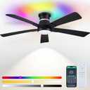 52" Black Ceiling Fans with RGB Lights - Flush Mount Ceiling Fan Light with LED 3CCT Dimmable, Modern Low Profile Ceiling Fans for Indoor Party,Covered Outdoor
