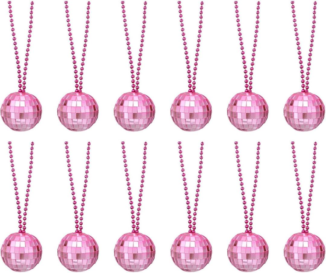 uxcell 12 Pcs Mirror Disco Ball Necklaces 1.2" Bulk Disco Ball Costume Necklaces 70s Disco Party Necklace Women Decoration for Dance Supplies Stage Props Jewelry Accessories, Pink