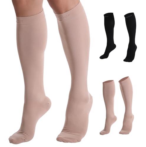 Doc Miller Compression Socks, 30-40 mmHg Medical Grade Closed Toe Socks for Circulation, Shin Splints, Varicose Veins, Calf Recovery - Knee High Support for Men & Women - 3X-Large, Plus Size Skin/Nude