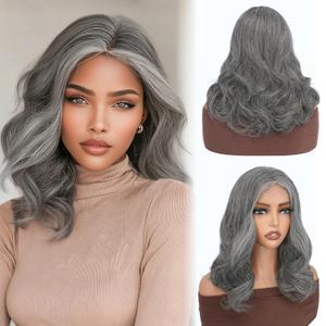 14 Inch Middle Part Wavy Wig for Women, Natural Hairline Small Lace Front, Soft Yaki Mixed Fiber, Heat Resistant Synthetic Curly Wig, Grey Salt and Pepper Short Wavy Wig