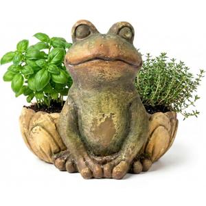 Vintage Frog Outdoor Urn Planter 12.2in Tall, Outdoor Flower Pots for Patio Garden Porch Balcony, Distressed Antique Frog Outdoor Planter withDrain Holes, Decorative Yard Decor (Yellow)