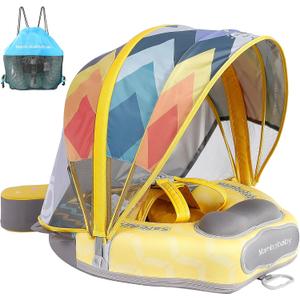 Mambobaby Float Upgrade Add Tail Baby Float with Canopy for Infant Waist Swimming Ring Swim Trainer Non-Inflatable Floats Toys with Adjustable Safety Strap (Yellow - Colorful Fish)