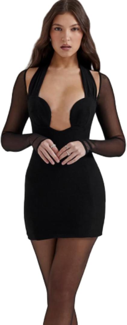 Evankin Women's Sexy Dress Club Hanging Neck Deep V-Neck Wrapped Hip Skirt Mesh Long Sleeve Skirt (Black)