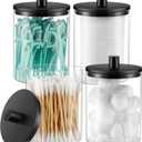 TIPGO Glass Qtip Holder Dispenser - 10 Oz Clear Canister Apothecary Jar, Bathroom Vanity Storage Organizer Set for Cotton Swabs, Pads, Floss Picks, Small Containers for Makeup Storage (4 Pack, Black)