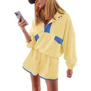 ACCPUR Quarter Button Sweatsuits Women Oversized Color Block Sweatshirts Sets Shorts Tracksuits 2025 Casual 2 Piece Outfits Size Small