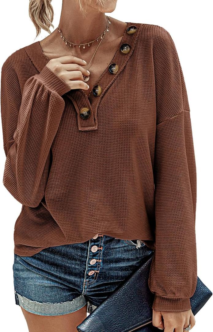 BTFBM Women Long Sleeve Shirts Spring Fall 2025 V Neck Loose Casual Blouse Deco Button Lightweight Waffle Knit Pullover (Large, Brown)