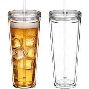 24oz Tumbler with Lid and Straw, Leak Proof and Double Wall Insulated Reusable Plastic Cups,Travel Reusable Iced Coffee Cup (2, Transparent)
