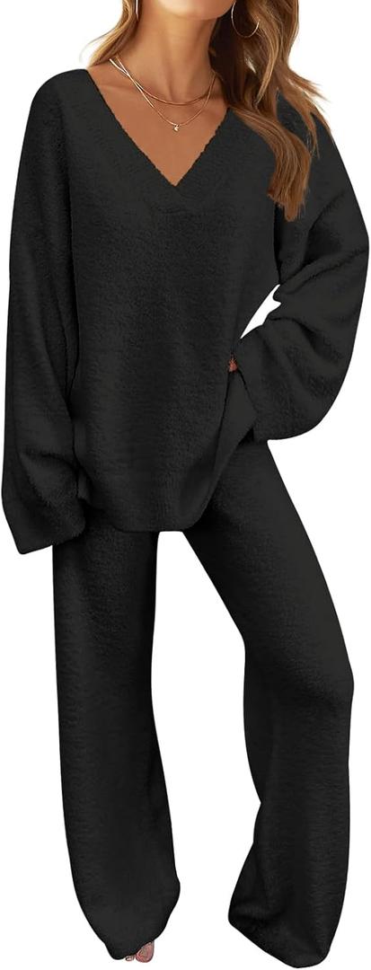 MEROKEETY Women's Lounge Sets 2025 Fall Fashion 2 Piece Outfits Sweater Pajama Set Fuzzy Loungewear Matching Winter Clothes (Large, Black)