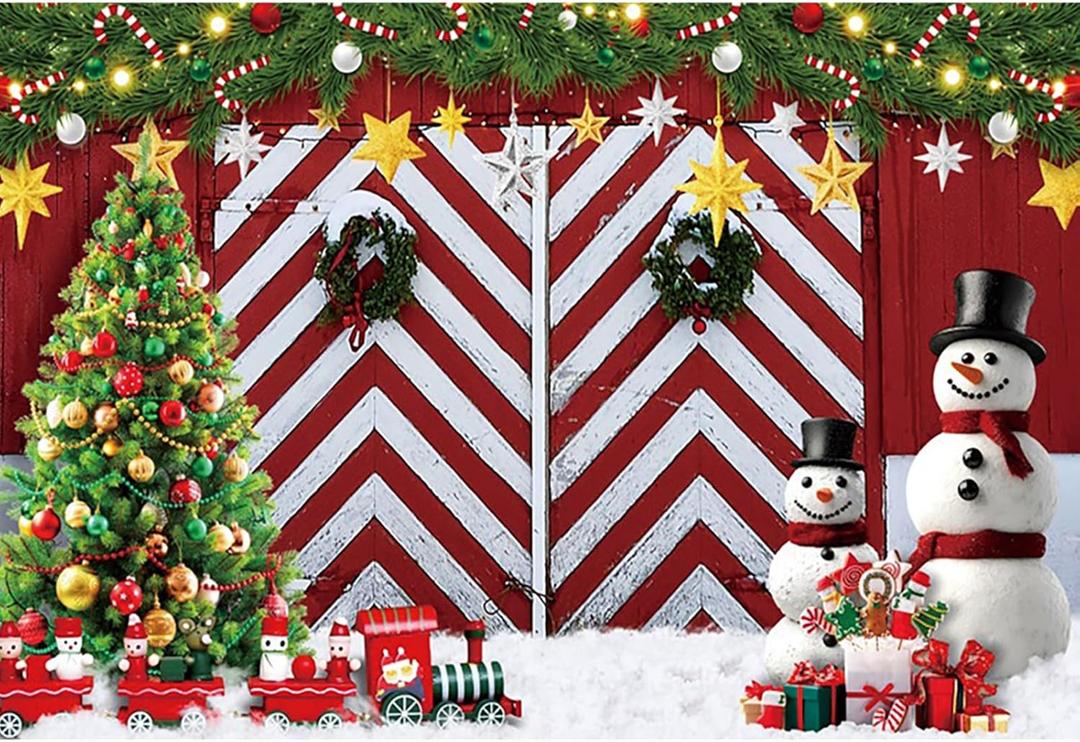 deFouliao Christmas Backdrop Winter Red Barn Door Xmas Tree Snowman Little Train Christmas Decor Gifts Photography Backgound for Family Holiday Party Photo Studio Props, 7x5ft