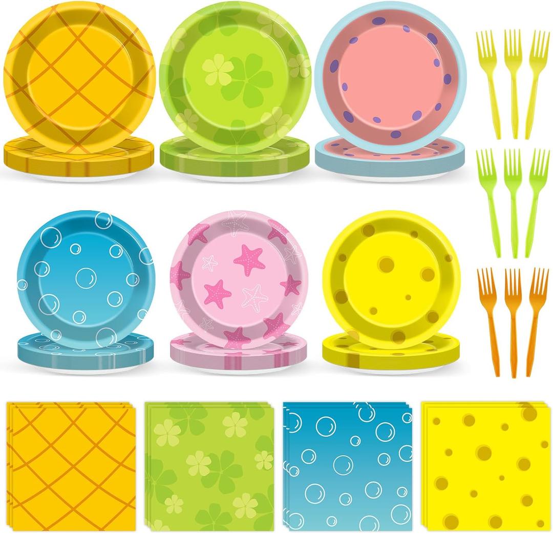 96Pcs Yellow Cartoon Party Plates and Napkins Cartoon Themed Party Decorations Ocean Paper Plate Under the Sea Animal Disposable Tableware Set for Boys Girls Birthday Decorations Baby Shower Serves 24