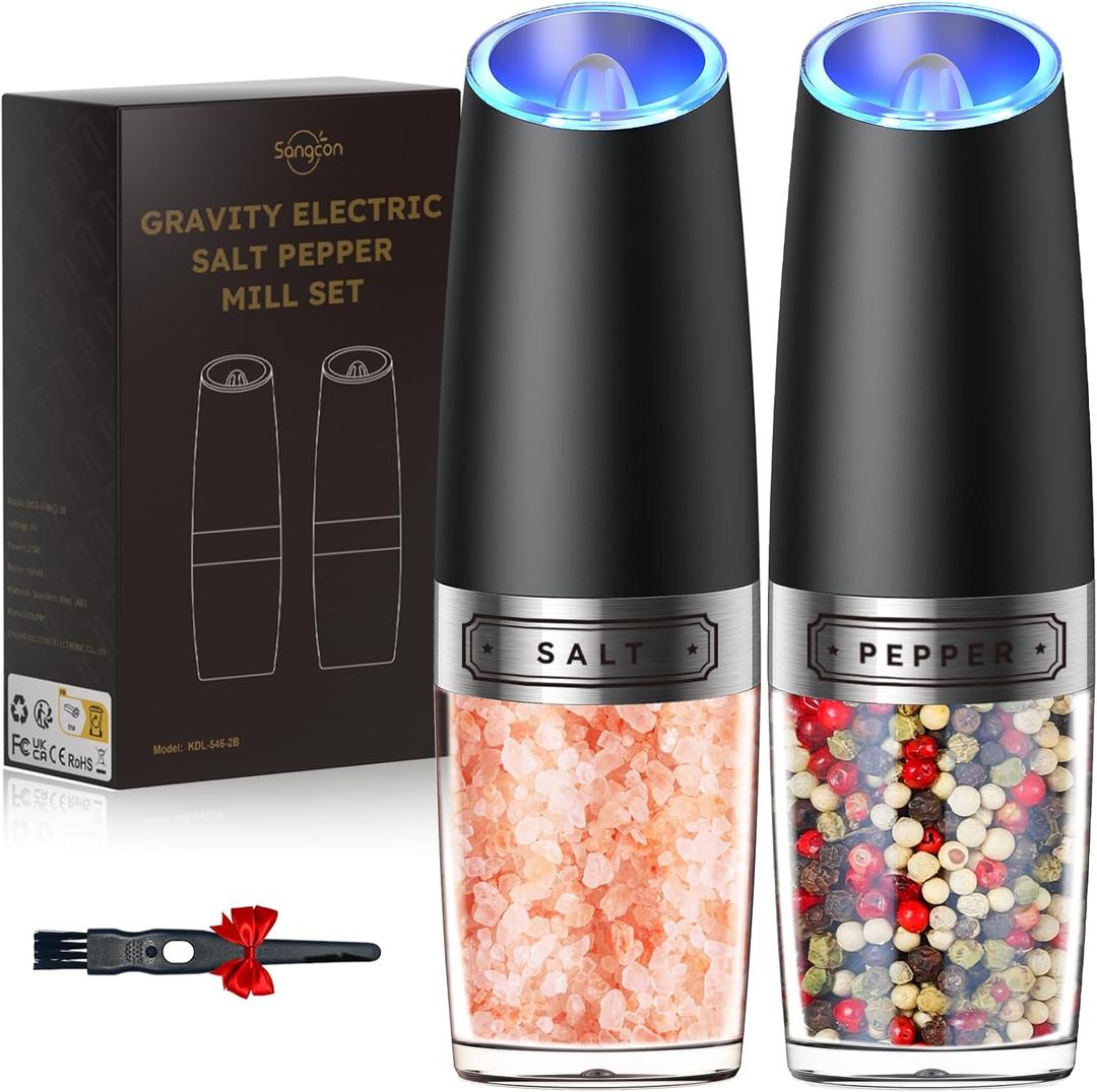 Sangcon Gravity Electric Salt and Pepper Grinder Set Automatic Shakers Mill Grinder with LED Light, BATTERY POWERED Adjustable Coarseness One Hand Operation, Upgraded Larger Capacity