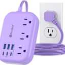 6 USB(3 USB C) Purple Travel Power Strip- 5Ft Purple Extension Cord with USB Charging Station 24W and 3 Outlets, Pink Desk Accessories for Cruise Travel Cute Kawaii Lavender Home Office Dorm Room