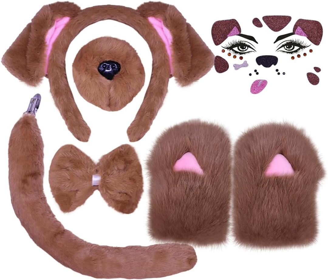 Christmas Reindeer Antlers Headband,Tail,Paws,Face Stickers, Halloween Festival Parties Dress up (Dog Brown)