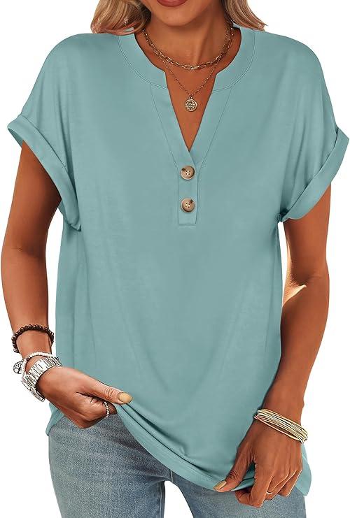 ANRABESS Womens Short Sleeve Henley Tops V Neck Dressy Casual Blouses Summer Trendy Tee Shirts 2025 Vacation Fashion Clothes, S, Cadet Blue
