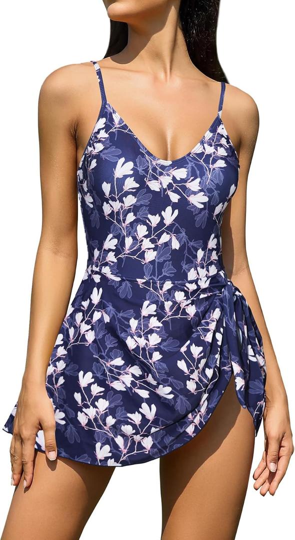 SHEKINI Women's Tummy Control One Piece Swimdress Drawstring Bathing Suits V Neck Swimwear(Blue-Printing, Large) SHEKINI Women's Tummy Control One Piece Swimdress Drawstring Bathing Suits V Neck Swimwear(Blue-Printing, Large)