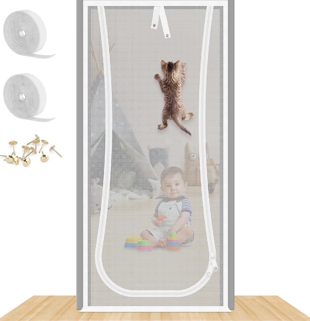 QWR Reinforced Cat Screen Door,Fits Door Opening Size 32''x 80'',Thickened Cat Proof Screen Door with Zipper Closure for Living Room,Kitchen,Bedroom.