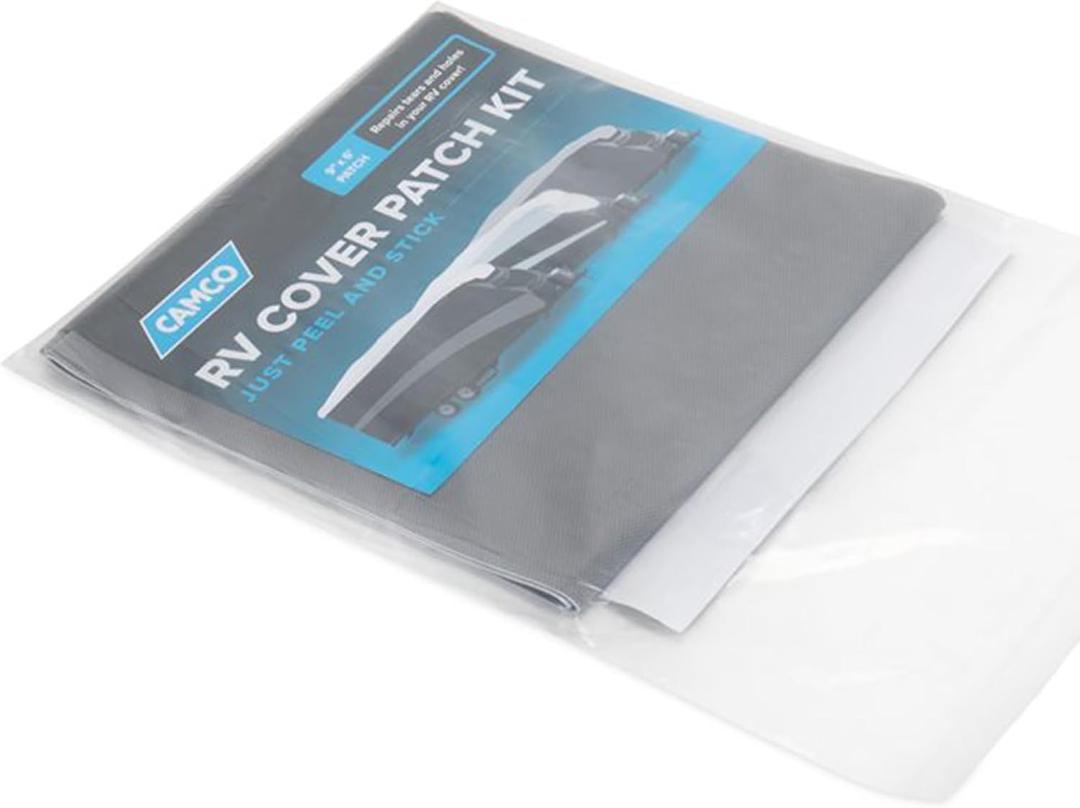 Camco ULTRAGuard Camper & RV Cover Patch Kit - Repairs Holes and Tears in Trailer Cover - Features Easy Peel & Stick Application - 9-Inches x 6-Feet (45795)
