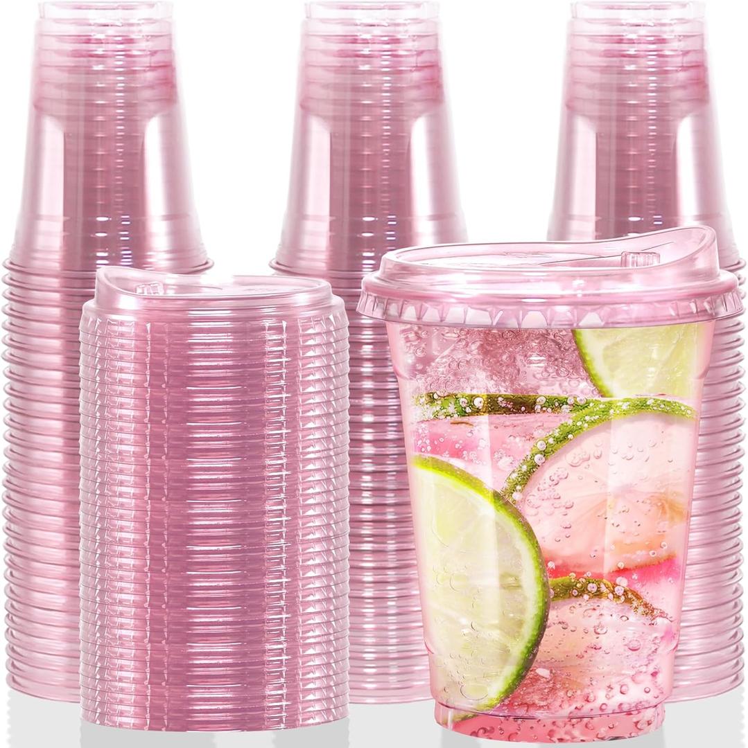 12oz Disposable Stemless Glasses With Strawless Sip Lids,PET Solo Disposable Cups ,Party Clear Plastic Wine Glasses for Parties Birthday,Wedding,Meeting,Christmas Party Supplies. (50, Pink)
