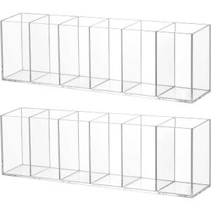2 Pack Acrylic Makeup Brush Holder 6 Compartments Pencil Organizer Cup Pencil Holder for Desk Pen Organizer Storage Pen Holder for Accessories Cosmetic Brushes Office Bathroom Kitchen Supplies (Clear)