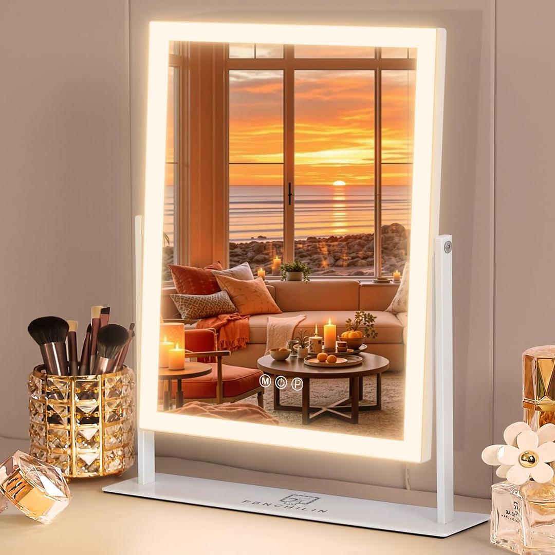 FENCHILIN Vanity Mirror with Lights 16.14" x 11.81",Lighted Makeup Mirror and Hollywood Mirror with Smart Touch Control 3 Colors Dimmable LED Light, 360Rotation 10X Magnification(White)