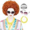 Short Orange Curly Landlady Wig and Glasses Jewelry, Reddish Orange Afro Annie Wig with Necklace Earrings +Wig Cap Set 5 Accessories for Halloween Party Mrs Costume Cosplay