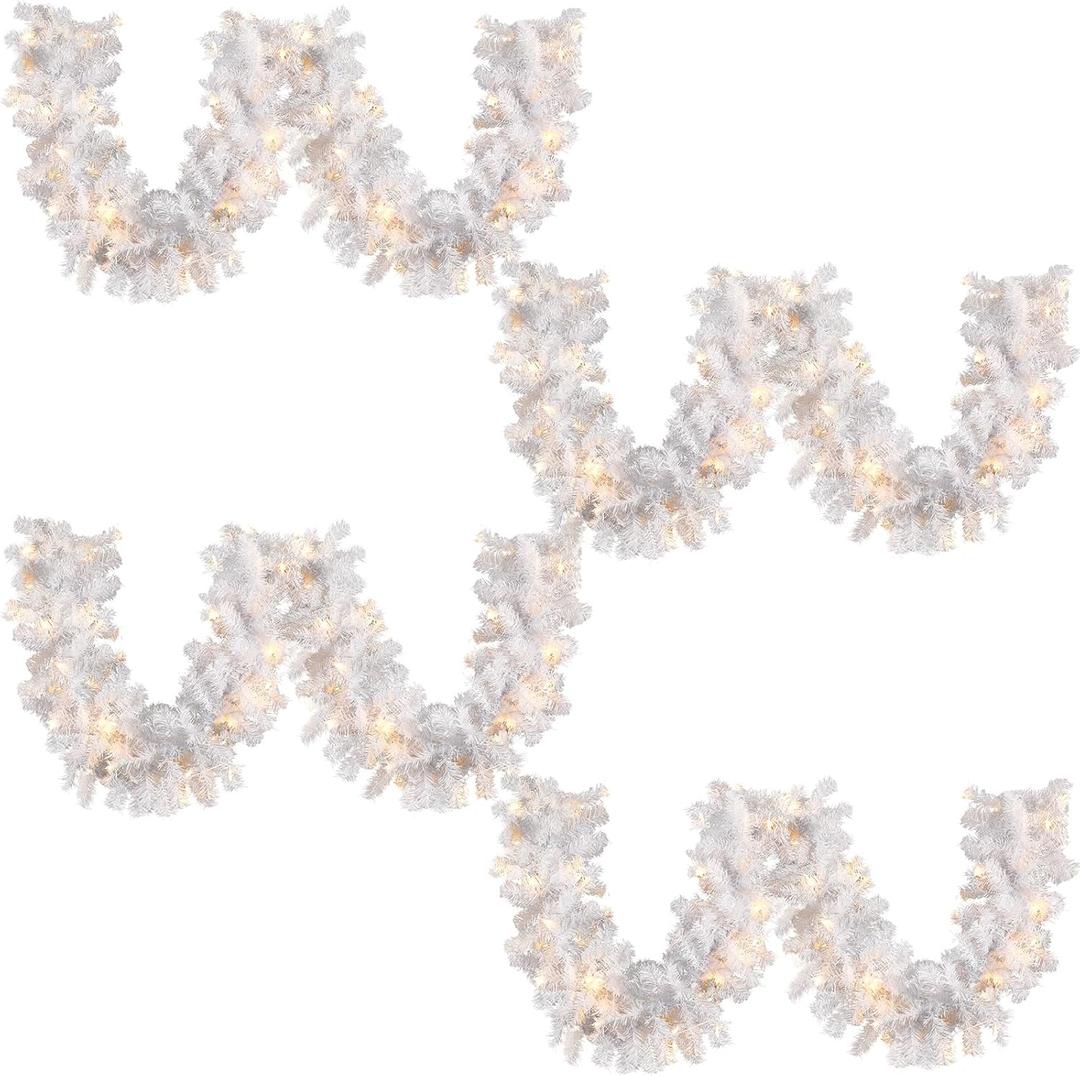 Hotop 9 ft Faux Spruce Artificial Christmas Garland LED Warm Pine Prelit Battery Operated Lighted Garland for Seasonal Indoor Home Fireplace Mantle Tree Stair Decor(4 Pcs,White) (12 x 12 x 108 inch - White)