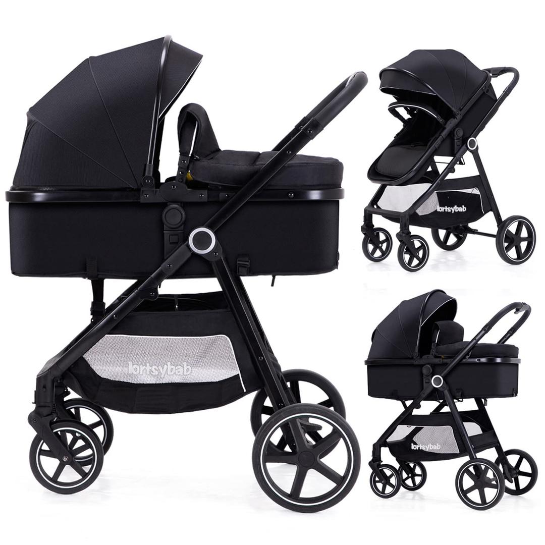 Lortsybab 2-in-1 Baby Stroller - Folding Infant Newborn Pram Stroller with Reversible Seat - Toddler Strollers for 0-36 Months Old Babies (Black)