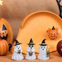 Resin Small White Ghost Figurines, 3PCS Ghosts with Witch Hats, Cute Ghost Statue for Spooky Halloween Decor, for Indoor Halloween Party Tabletop Home Shelf Decoration (Set of 3, White, Black and Gold)
