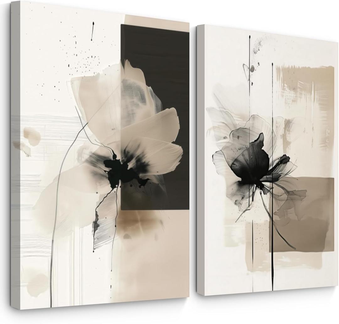 Modern Abstract Floral Wall Art Minimalist Neutral Canvas Painting Decor Beige Cream And Black Wall Art Contemporary Flower Picture Prints for Living Room Bedroom 16x24 Inch Wrapped Canvas Set of 2