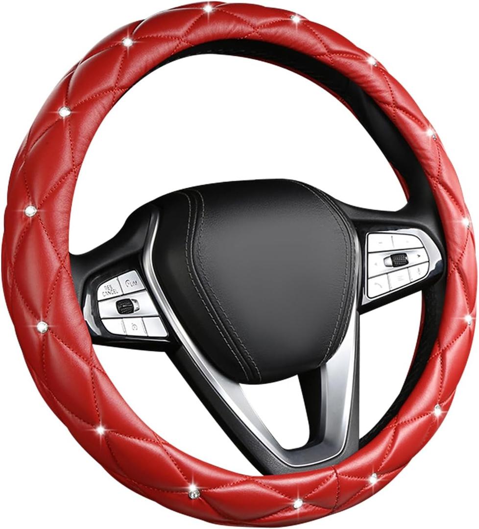Bling Car Steering Wheel Cover, 15 Inch Non-Slip Soft Leather Auto Wheel Cover, Crystal Rhinestone Steering Wheel Cover for Women Girls, Universal Decor Car Accessories (Red)