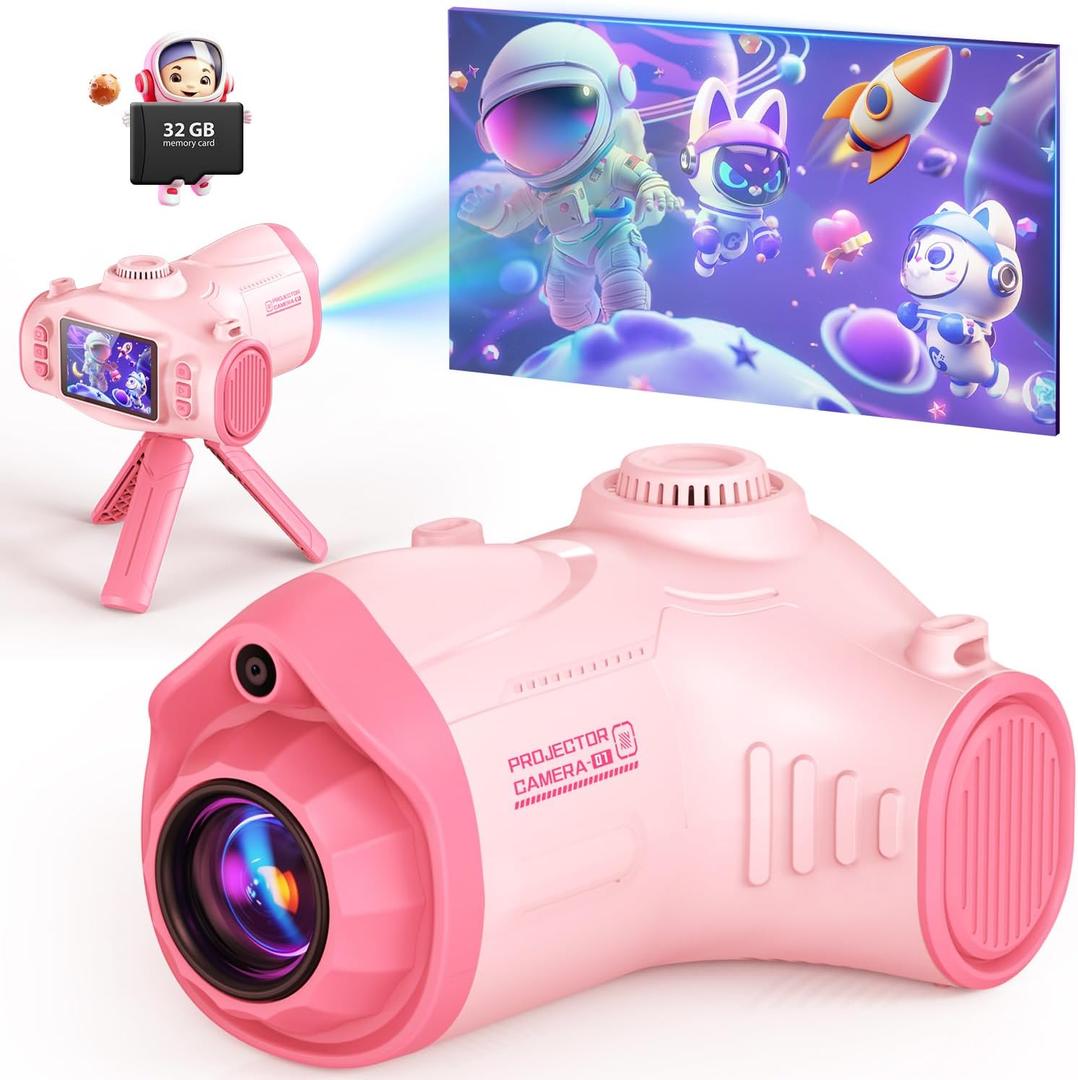 Kids Camera with Projector, Big Screen 1080P Photography Kids Recorder with Tripod, Lanyard, 32GB Kids Video Vlogging Camera for Age 3-12, Christmas Birthday Gifts Toys for Boys Girls, Pink