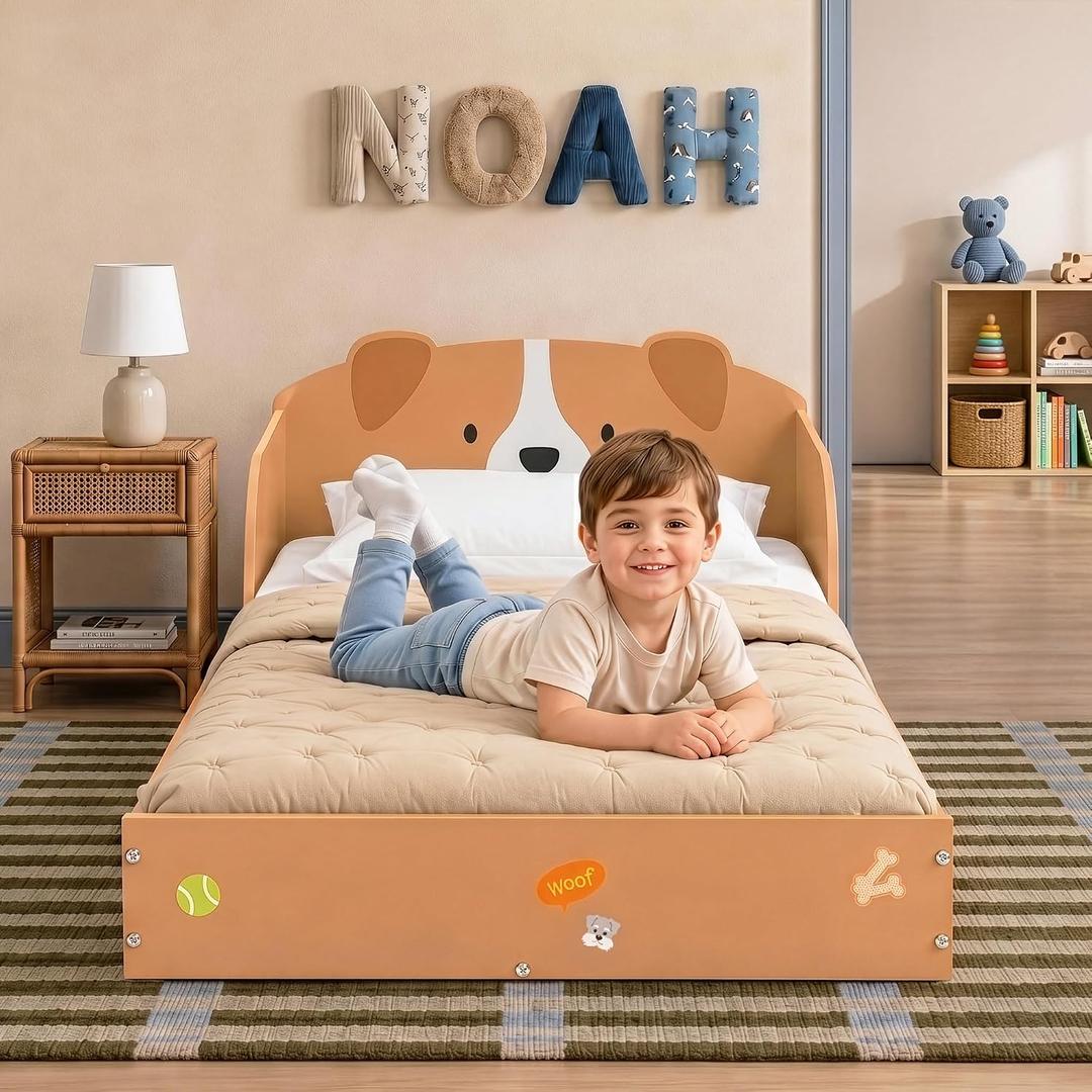 Delta Children Puppy Wood Floor Toddler Bed with Reusable Stickers, Brown