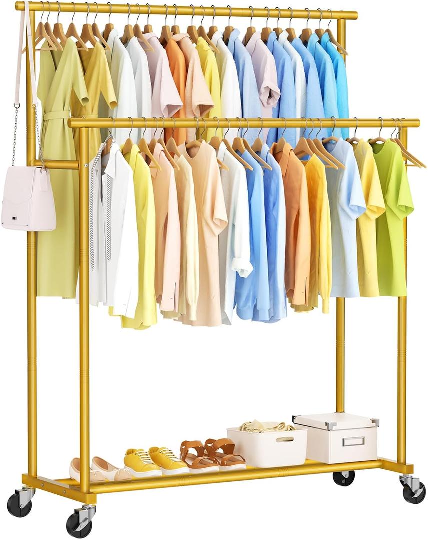 Double Rods Clothes Rack, Gold Rolling Clothing Racks for Hanging Clothes, Metal Portable Garment Rack for Bedroom, Cloakroom, Laundry room