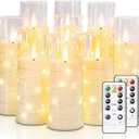 Raycare Flameless Candle with Remote Timer 9 Flickering Acrylic Battery Operated LED Pillar Candles with Embedded Star String for Valentine's Day, Home Decor, and as a Gift (Ivory)