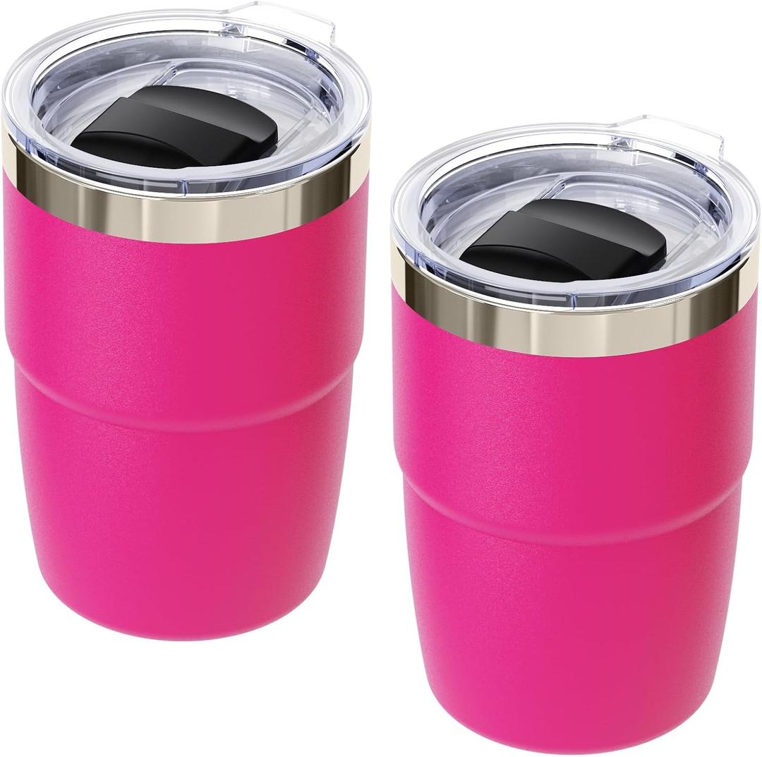 8 oz Small Coffee Cup with Magnetic Lid, Ceramic-Lined 18/8 Stainless Steel, Double-Wall Vacuum Insulated, Stackable, Dishwasher Safe, Mini Tumbler for On-the-Go, 2 Pack, Hot Pink