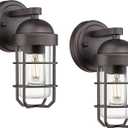 Emliviar Farmhouse Outdoor Wall Sconces, 2 Pack Vintage Exterior Light Fixtures with Nautical Metal Cage and Tempered Glass, Oil Rubbed Bronze Finish, GE255B-2PK ORB