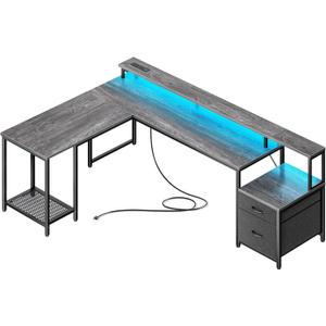 PRAISUN 66" L Shaped Gaming Desk with LED Lights & Power Outlets, Computer Desk with Fabric Drawers and Print Stand, Corner Office Desk, Monitor Stand, Mesh CPU Stand, Grey
