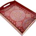Umisriro Boho Red Decorative Tray, Serving Tray with Handles, Plastic Tray for Coffee Table, Ottoman  Ideal for Living Room & Bathroom. 15” x 11” x 2.5”