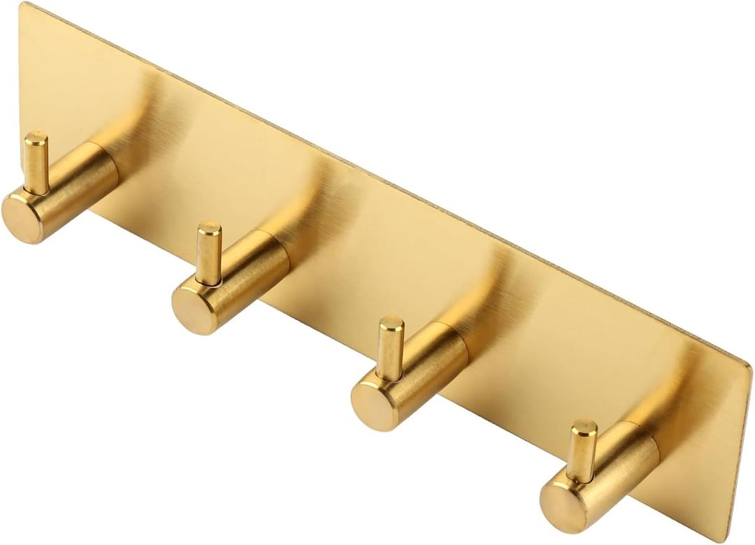 1PCS-Adhesive Key Holder for Wall, Key Holder Wall Mount, Key Hanger, Beautiful and Practical, Strong Weighing Capacity Suitable for Scenes Such as Entrance, Kitchen and Bathroom(Four Rows, Golden