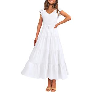 PRETTYGARDEN Women's Summer Flowy Maxi Dress Casual Cap Sleeve V Neck Smocked Beach Sundress (White, Small)