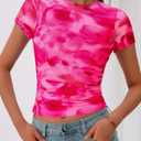 BTFBM Womens Sheer Mesh Summer Tops 2025 Crewneck Short Sleeve Print Ruched Crop Top Slim Fit Club Going Out T Shirts (Pink, S)