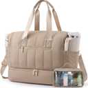 LOVEVOOK Travel Duffle Bag,Puffer Weekender Bags For Women with Shoe Compartment,42L Carry On Duffel Bags For Airplanes,Hospital Bag for Labor and Delivery,Overnight Bsg With Toiletry,2Pcs Set (Khaki)