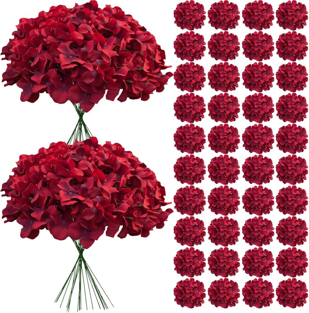 65Pcs Deep Red Hydrangea Artificial Flowers BulkRealistic Silk Fake Flowers with StemsFaux Hydrangea Flowers for Wedding Home Decor Centerpieces Living Room Garden Party Baby Shower Decor