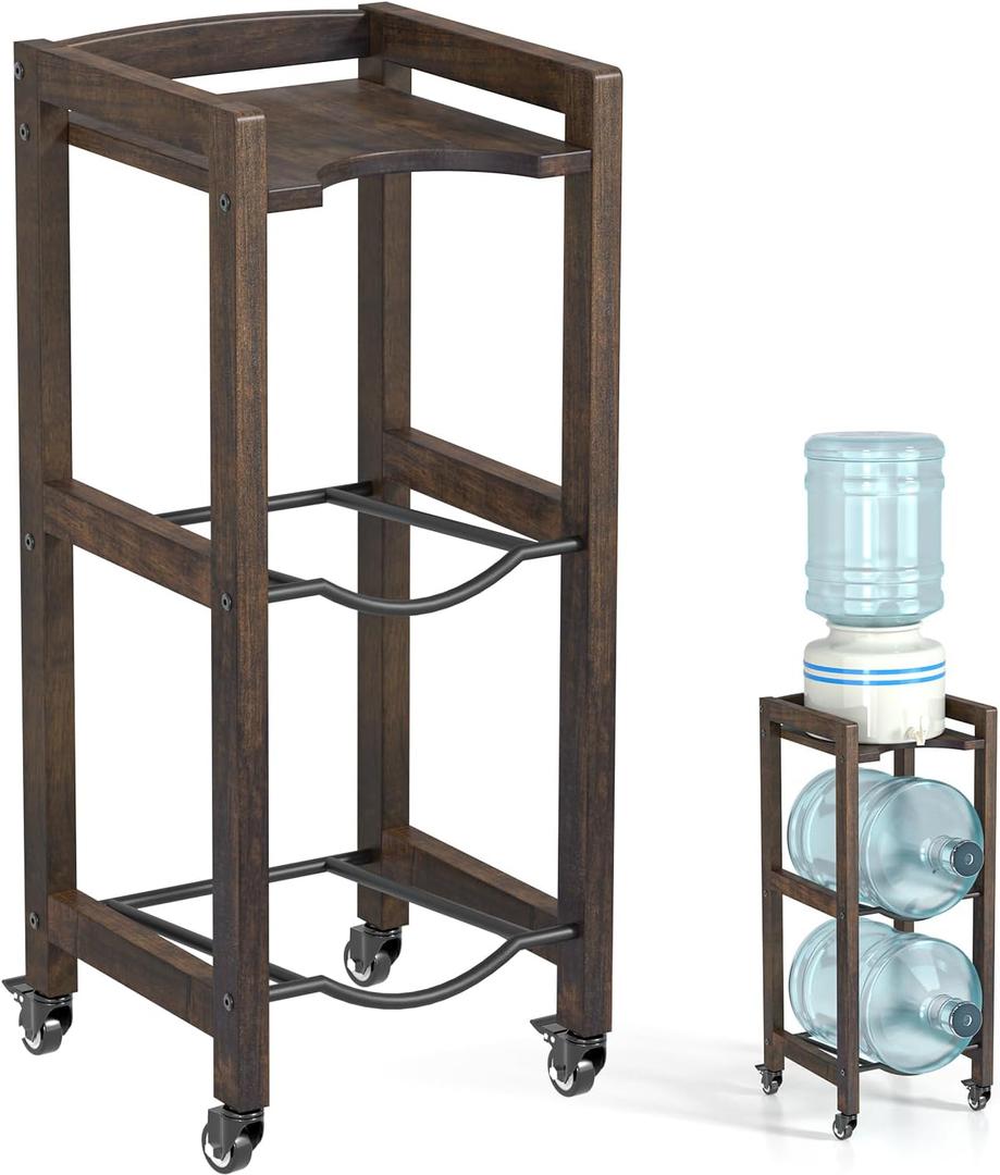 3-Tier 5 Gallon Water Jug Holder with Top Shelf 4 Metal Wheels or Adjustable Feet Natural Hardwood Water Dispenser Floor Stand Wooden Organizer for Kitchen, Office, Garage Space-Saving Design