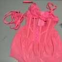 Women's 2-Piece Lingerie Set – Neon Pink Lace Babydoll Chemise, Matching Strappy Garter Dress and Thong Panty, Size M