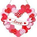 Happy Valentine's Day Door Sign Pink Valentines Wreath Sign Wooden Heart Shaped Hanging Sign with Love Patterns for Wedding Anniversary Room Window Wall Door Decor (Pink Wreath)