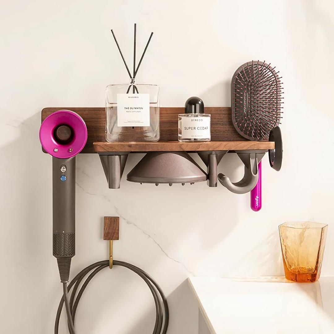 For Dyson Blow Dryer Stand Wall Mount,5 Hole Magnetic Hair Dryer Holder&Organizer For Dyson Supersonic Attachments Storage,Wooden No-Punch