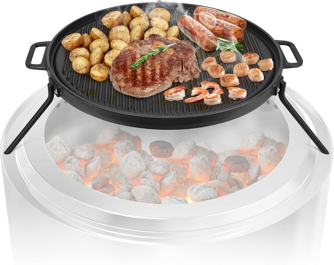 Onlyfire Cast Iron Griddle, Grill Cookware for Solo Stove Bonfire 19.5" Fire Pit and Yukon fire Pit, Portable Round Iron Pan with 3 Removable Legs for Outdoor BBQ Cooking & Camping